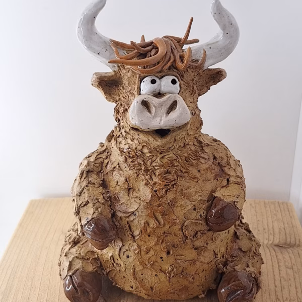 Handmade ceramic Highland Cow figurine — Hank by Henroo Pottery