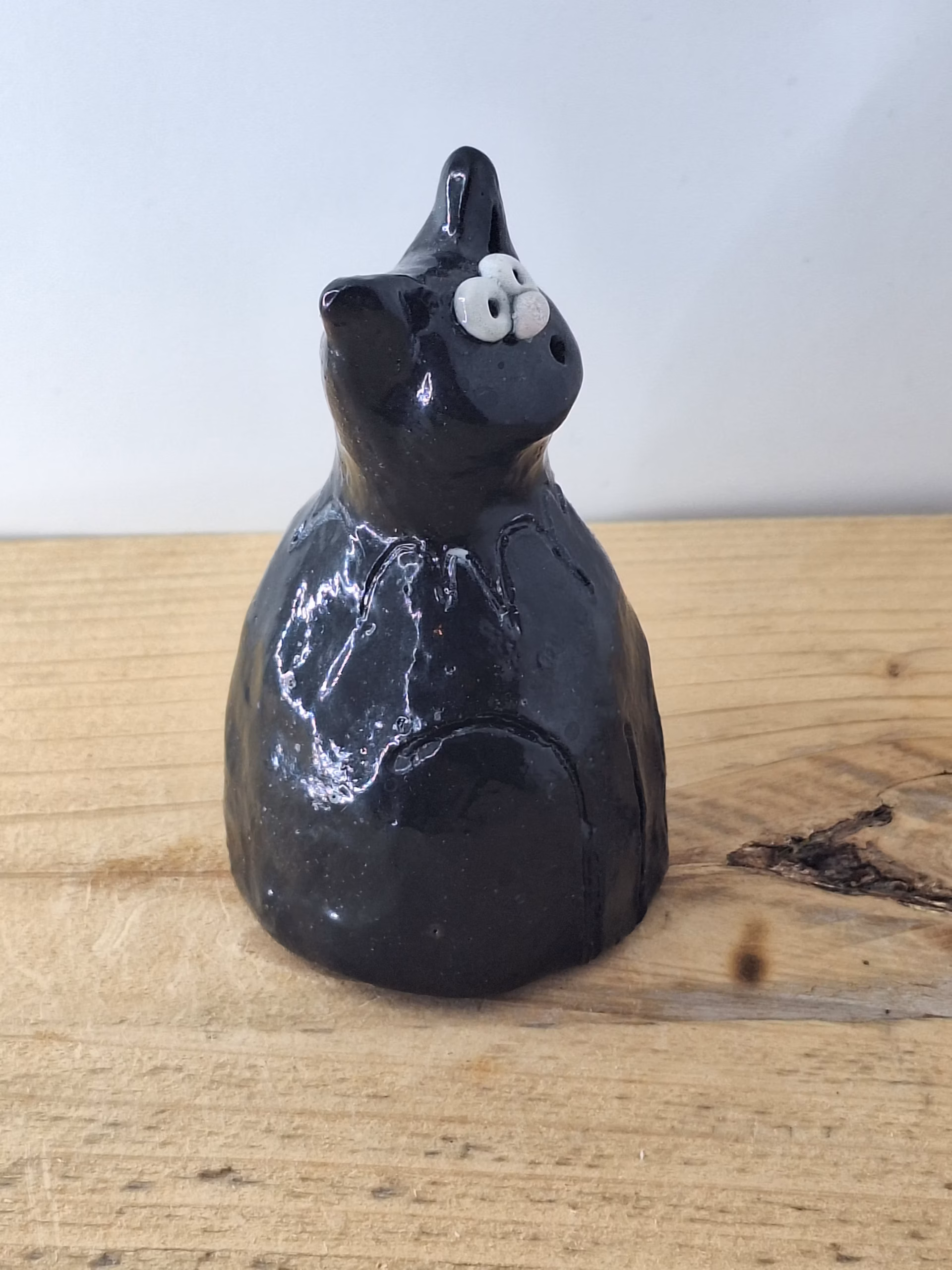 Small black ceramic cat with wide white eyes and pointed ears, sitting upright with a contemplative expression.