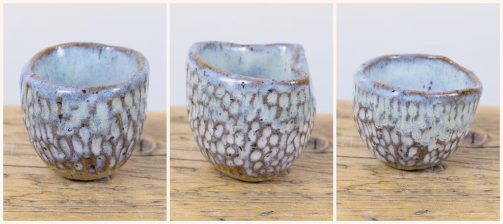 Three handmade trinket dishes with pressed texture and pooling pale blue glaze: Rainfall, Rockpool and Tideline